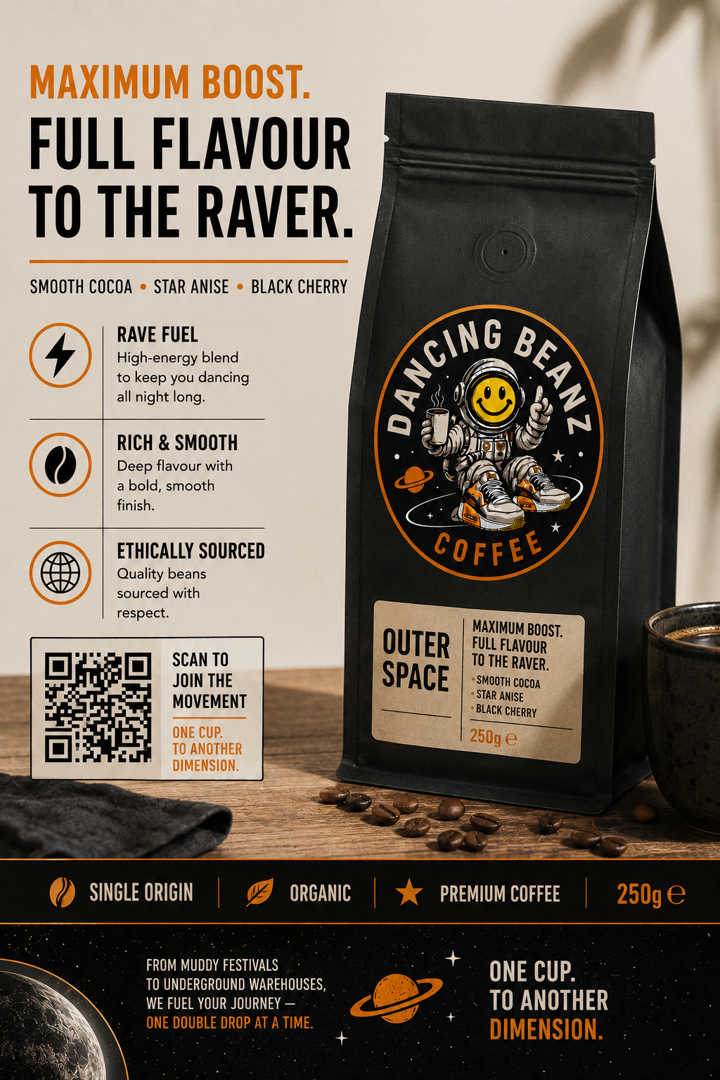 DANCING BEANZ  OUTER SPACE 250G COFFEE WHOLE BEANZ